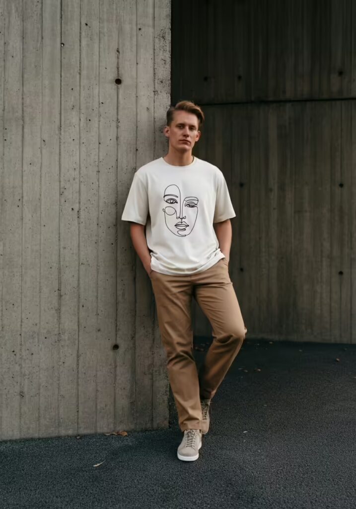 10 Minimalist T-Shirt Style Ideas for a Clean & Modern Look 5 A person standing in front of a concrete wall wearing a t-shirt with an abstract face line art design.