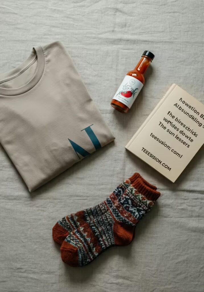 25 Best Gift Ideas for Dads Who Have Everything 7 A flat lay of affordable gifts for dad, including a graphic tee, a bottle of hot sauce, and a book.