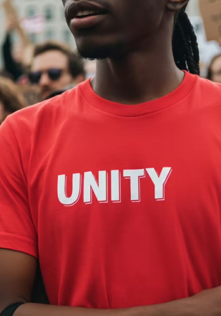 A red t-shirt with the word UNITY in a large, bold white font.