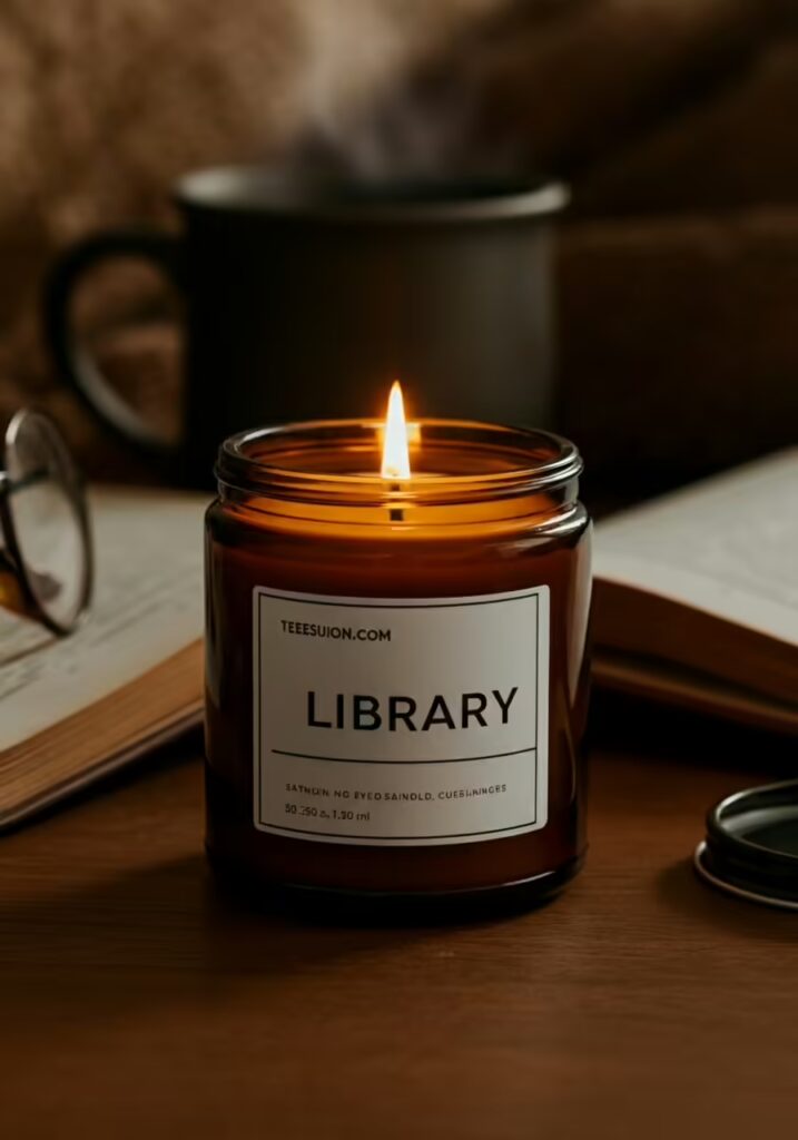 25 Best Gifts for Book Lovers (Unique Ideas Every Reader Will Love) 5 A lit candle with a 'Library' scent next to an open book and a cup of tea.