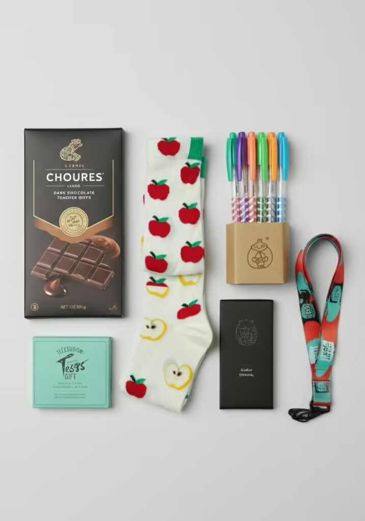 A collection of affordable teacher gifts under $20, including chocolate, socks, and pens. 