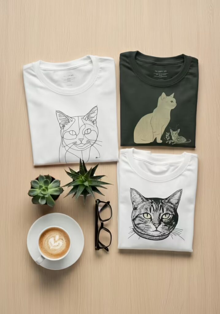 Why Cat Owners Love Graphic Tees 6 An aesthetic flat lay of different cat-themed t-shirts and accessories.
