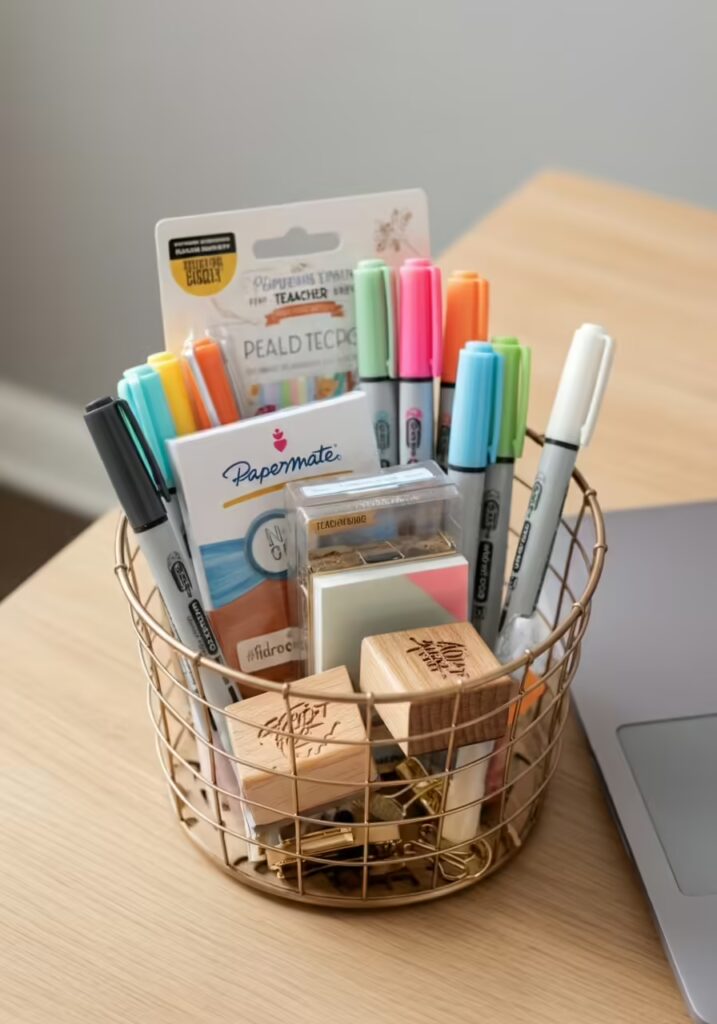 A gift basket filled with high-quality classroom supplies like pens, markers, and sticky notes