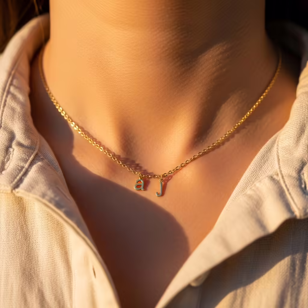 25 Thoughtful Gifts for Mom She’ll Actually Love 5 A close-up of a woman wearing a delicate gold necklace with small initial charms