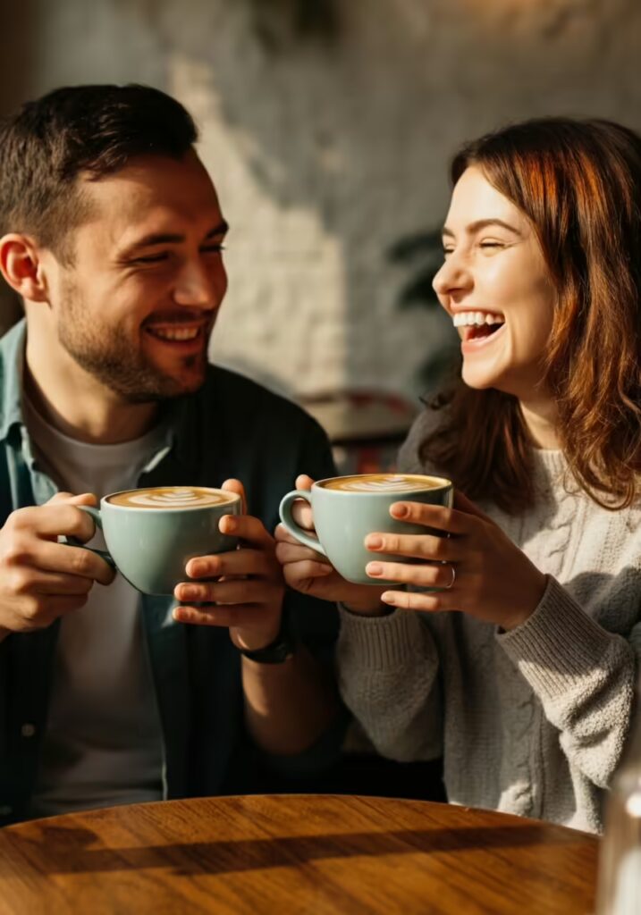 50+ Best Coffee Lover Quotes to Kickstart Your Day 8 Two friends laughing and talking over coffee at a cozy cafe.