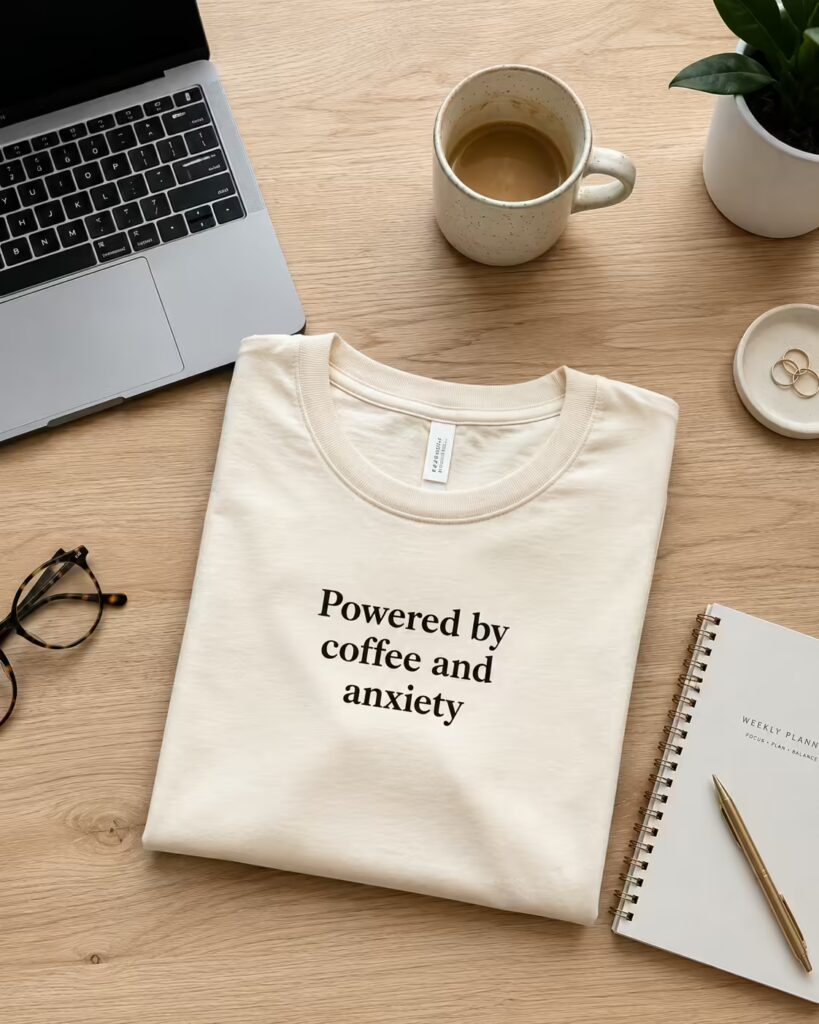 Flat lay of a t-shirt with the quote 'Powered by coffee and anxiety' next to a laptop and coffee mug