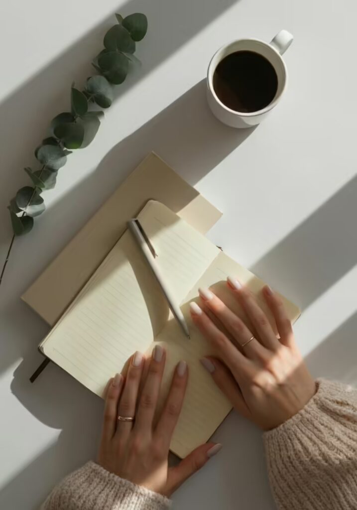 50+ Best Coffee Lover Quotes to Kickstart Your Day 6 A flat lay of a coffee mug and notebook on a desk, representing a creative moment fueled by coffee.