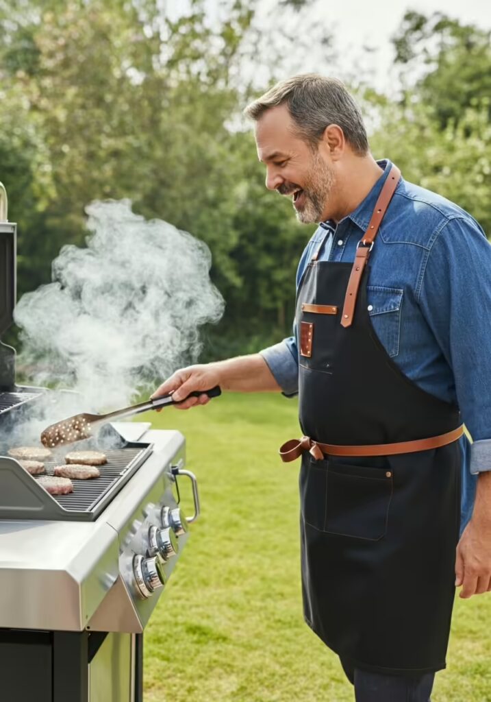 25 Best Gift Ideas for Dads Who Have Everything 3 A dad wearing an apron and holding tongs, grilling burgers on a modern BBQ in a green backyard