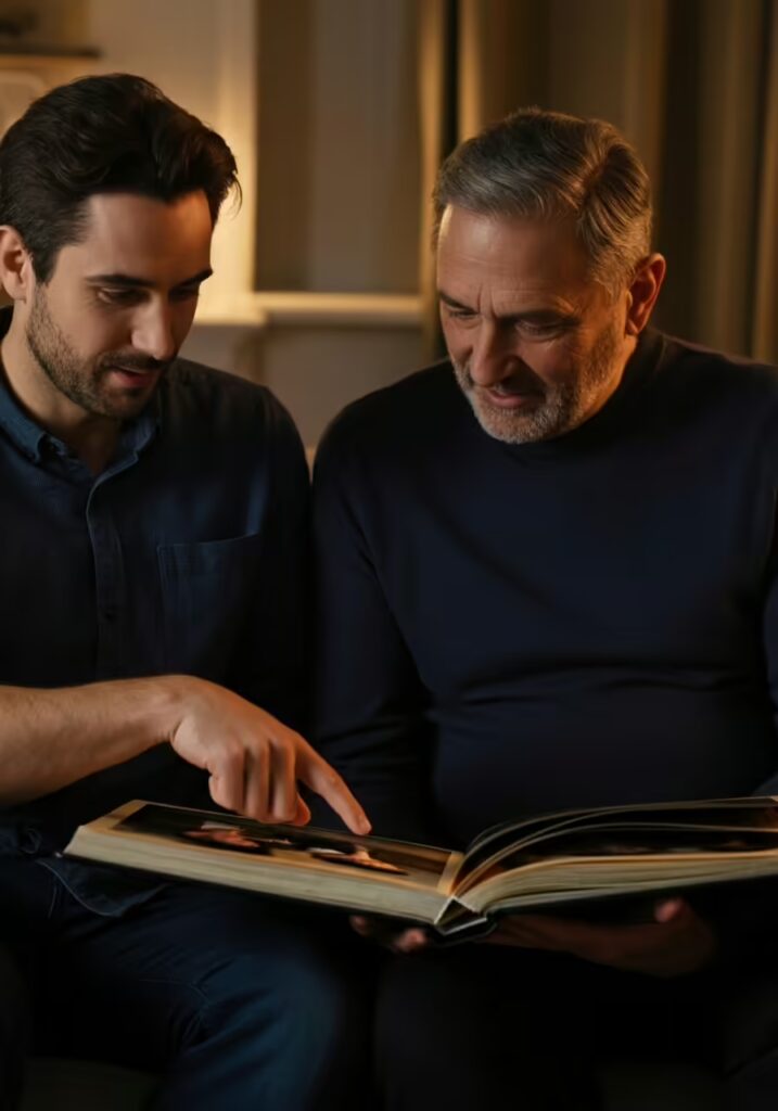 25 Best Gift Ideas for Dads Who Have Everything 6 A dad smiling warmly as he looks through a custom photo album with his son