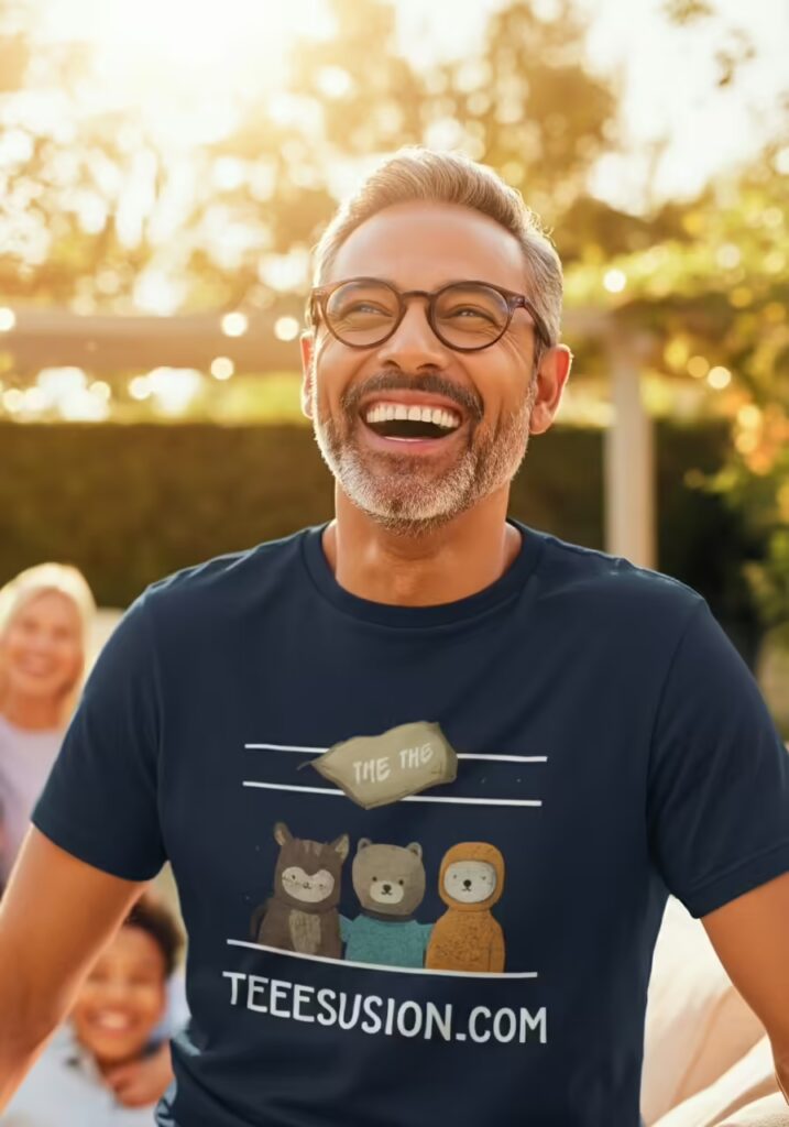 25 Best Gift Ideas for Dads Who Have Everything 5 A happy father wearing a custom t-shirt with a funny quote, laughing with his family in the background