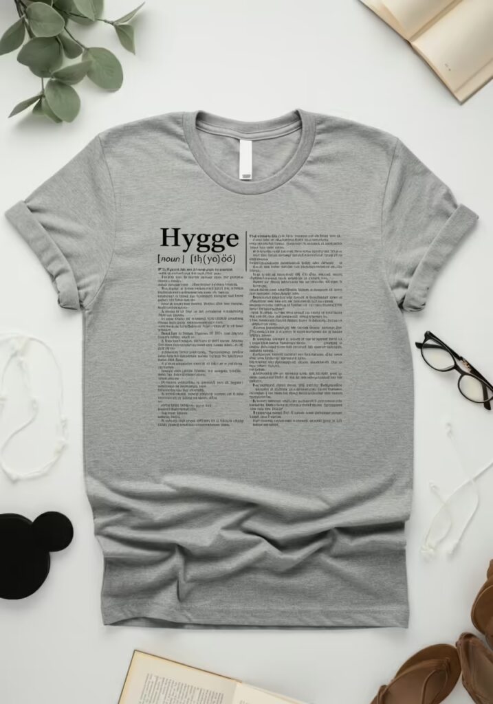 A heather grey t-shirt with a dictionary definition of the word Hygge. 
