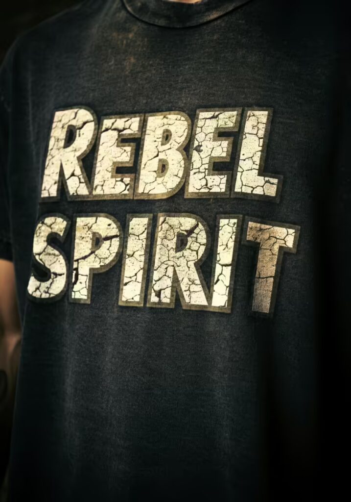 A faded black t-shirt with 'Rebel Spirit' in a cracked, textured grunge font
