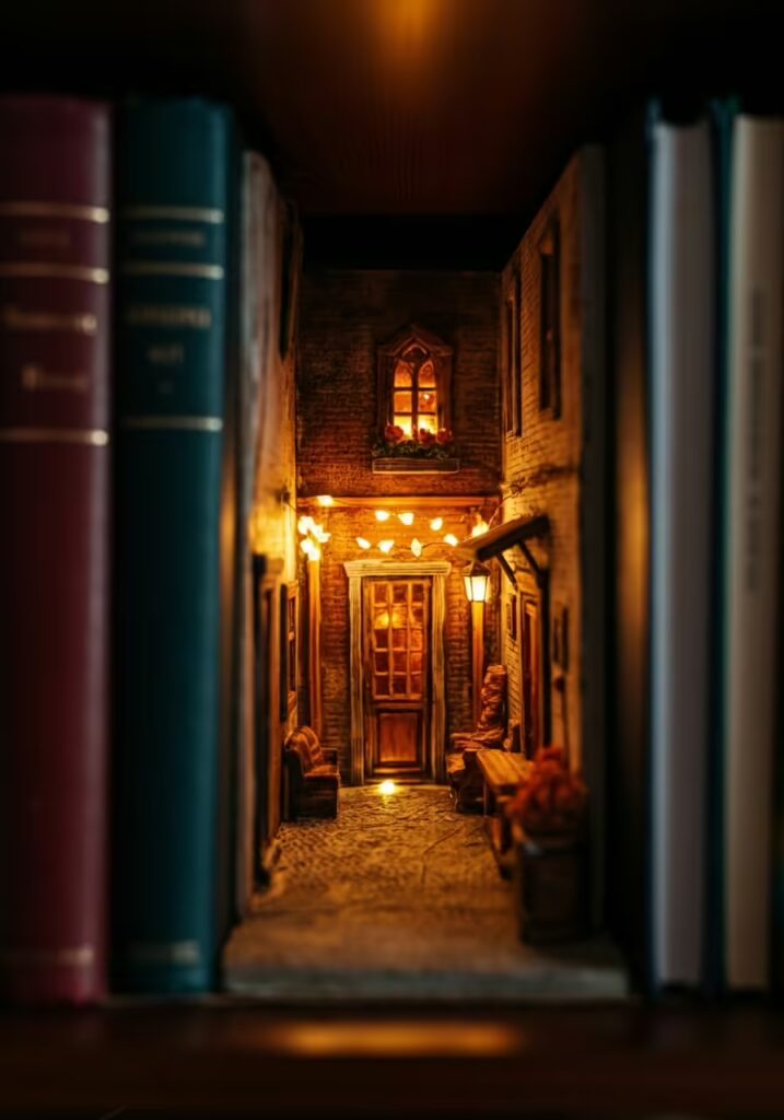 25 Best Gifts for Book Lovers (Unique Ideas Every Reader Will Love) 4 A detailed miniature book nook with glowing lights, placed between books on a shelf.