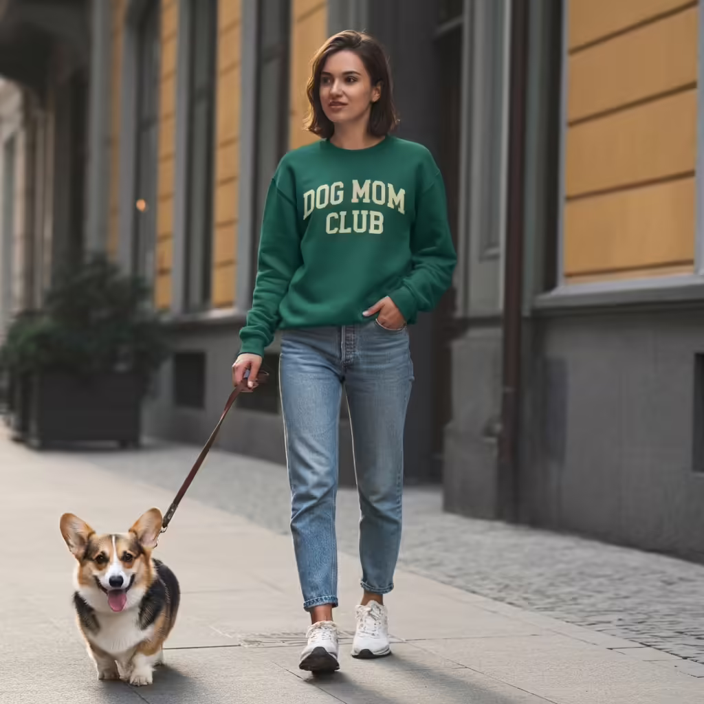 Why Dog Moms Love Personalized Apparel: The Rise of the Dog Mom Uniform 5 A stylish woman wearing a retro 'Dog Mom Club' sweatshirt while walking her dog in the city