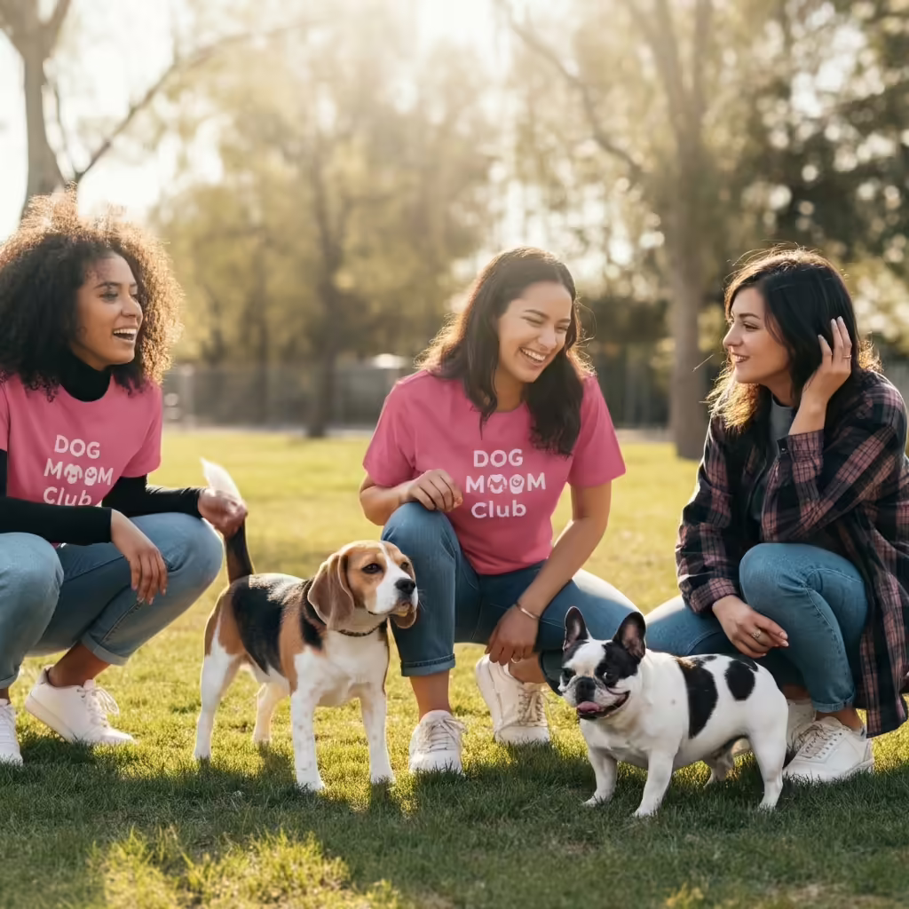 Why Dog Moms Love Personalized Apparel: The Rise of the Dog Mom Uniform 2 A diverse group of women chatting and laughing at a dog park, with their dogs playing nearby