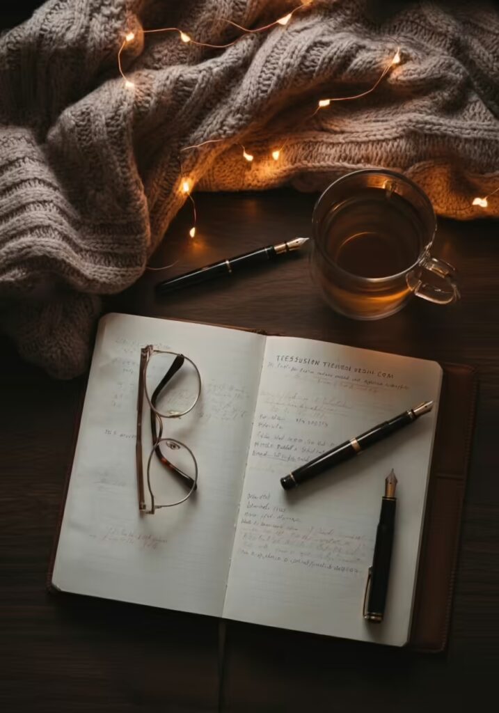 45+ Best Inspirational Quotes for Daily Motivation 5 A cozy flat lay with an open journal, a cup of tea, and glasses