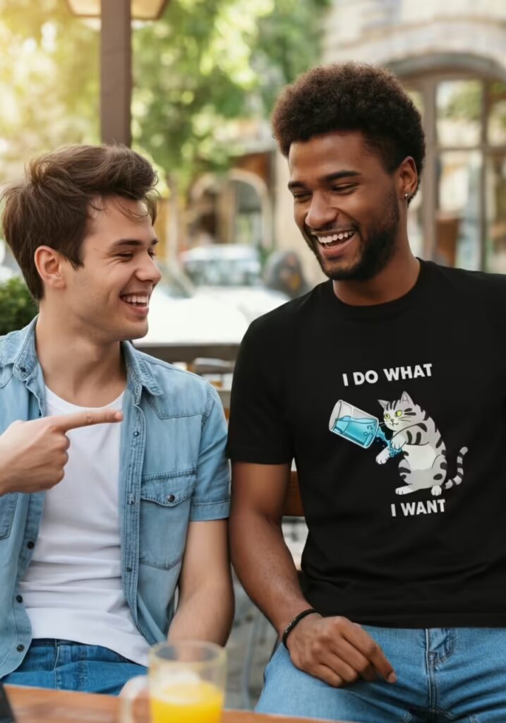 Why Cat Owners Love Graphic Tees 3 wo friends laughing together, one wearing a funny cat shirt with a meme quote.