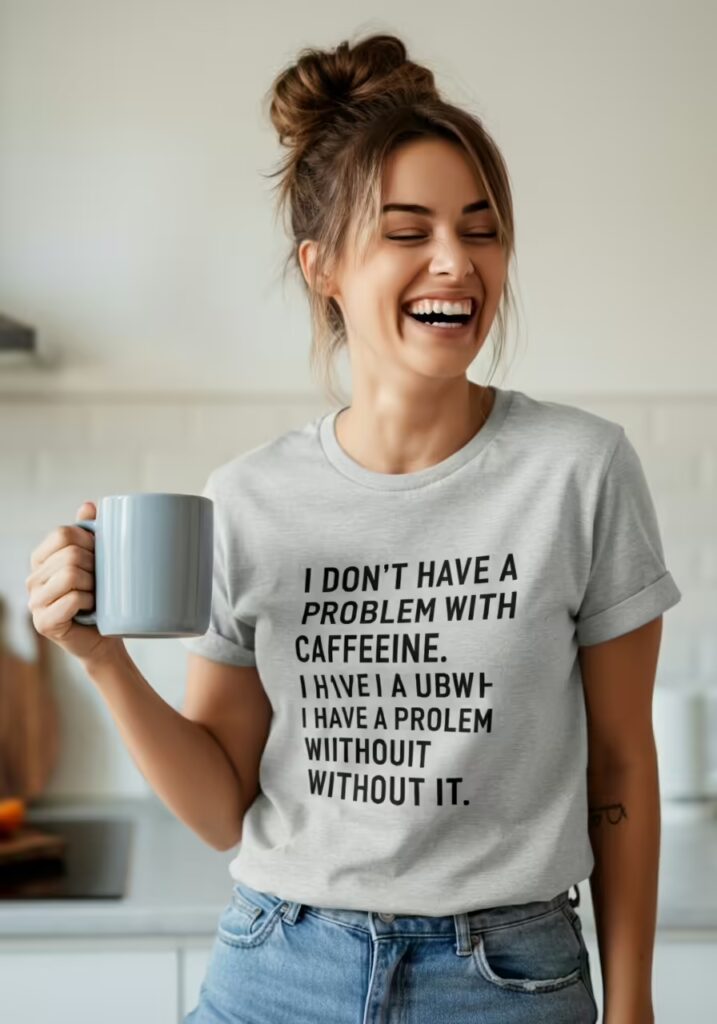 50+ Best Coffee Lover Quotes to Kickstart Your Day 3 A woman wearing a funny coffee quote t-shirt that says 'I don't have a problem with caffeine. I have a problem without it.'