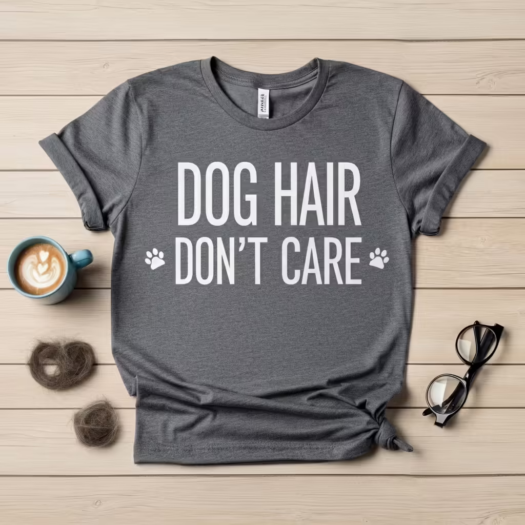 Why Dog Moms Love Personalized Apparel: The Rise of the Dog Mom Uniform 4 A flat lay of a funny dog mom t-shirt that says "Dog Hair, Don't Care" next to a coffee mug and a pair of glasses