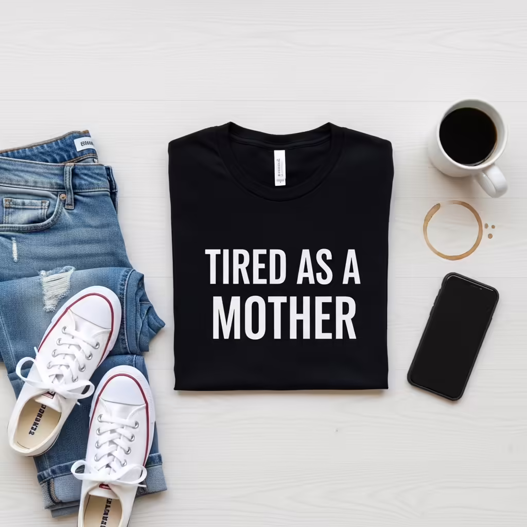 25 Thoughtful Gifts for Mom She’ll Actually Love 3 A flat lay of a funny mom quote t-shirt next to a pair of jeans, sneakers, and a coffee cup
