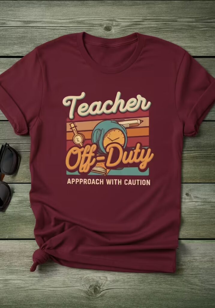 A folded t-shirt with the funny quote 'Teacher Off-Duty, Approach with Caution'. 