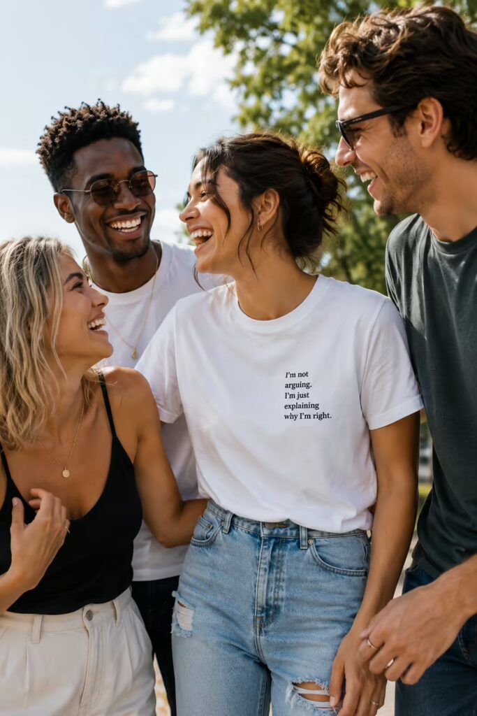 A group of diverse friends laughing together, one wearing a white t-shirt with a subtle funny quote