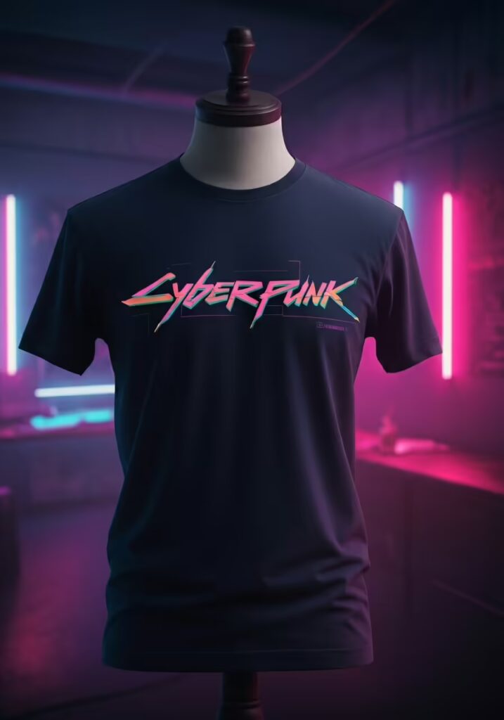 A dark t-shirt with the word CYBERPUNK in a distorted, neon glitch font. 