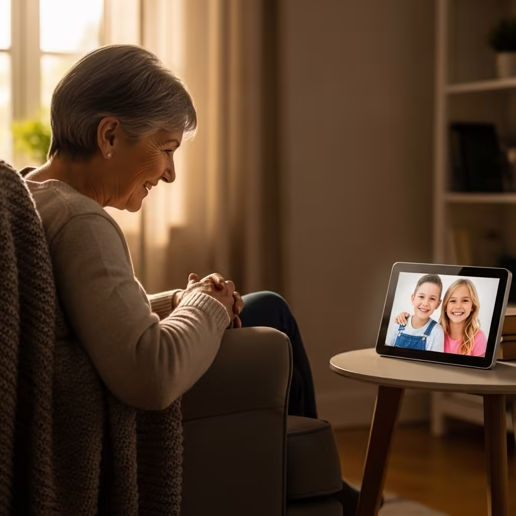 25 Thoughtful Gifts for Mom She’ll Actually Love 7 An older woman smiling warmly as she looks at a digital photo frame displaying a picture of her grandchildren.