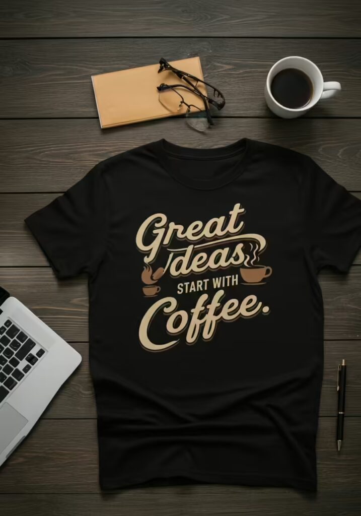 50+ Best Coffee Lover Quotes to Kickstart Your Day 2 A flat lay of a black t-shirt with the inspirational quote 'Great ideas start with coffee.'