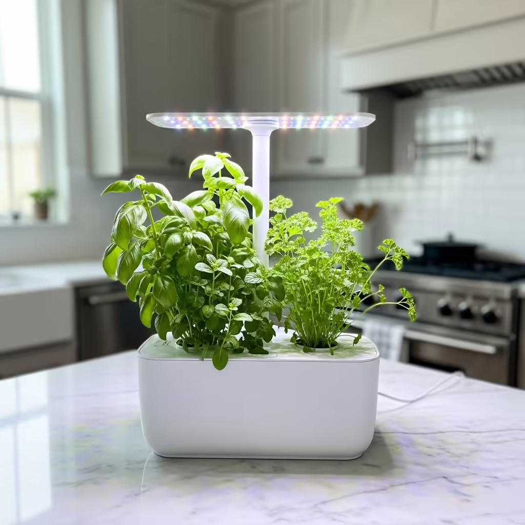 25 Thoughtful Gifts for Mom She’ll Actually Love 9 A sleek indoor smart garden with lush green herbs growing under an LED light on a modern kitchen counter