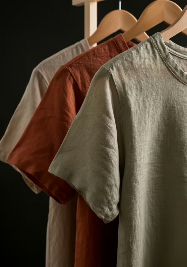 Summer T-Shirt Ideas to Refresh Your Warm-Weather Style 10 A close-up of several linen-blend t-shirts in earthy tones hanging on a rack.