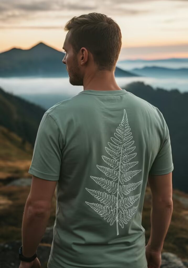 Summer T-Shirt Ideas to Refresh Your Warm-Weather Style 5 A man in a sage green t-shirt with a fern graphic looking at a mountain vista.