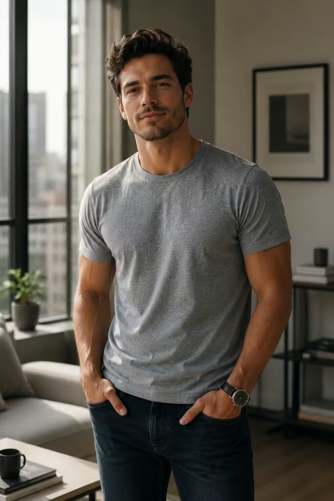 Modern T-Shirt Ideas: 4 Styles to Instantly Elevate Your Look 2 A man wearing a perfectly fitted heather grey crew neck t-shirt and dark jeans