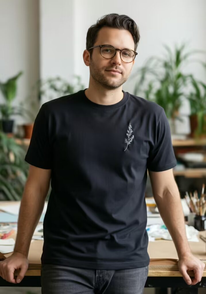 10 Minimalist T-Shirt Style Ideas for a Clean & Modern Look 4 A man in a creative studio wearing a black t-shirt with a small embroidered botanical graphic.