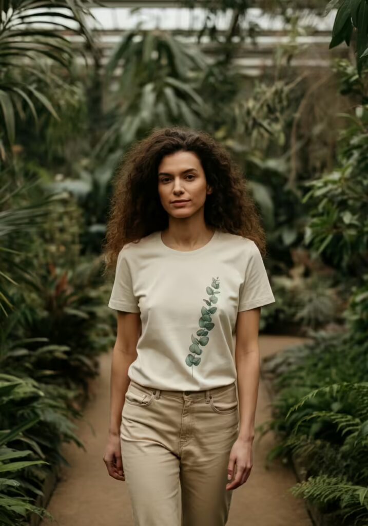 10 Minimalist T-Shirt Style Ideas for a Clean & Modern Look 9 Woman wearing a minimalist botanical leaf graphic t-shirt