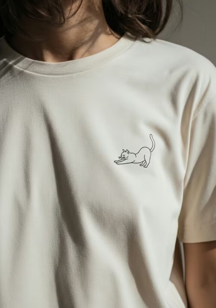 Why Cat Owners Love Graphic Tees 5 Close-up of a modern, minimalist cat t-shirt design featuring simple line art
