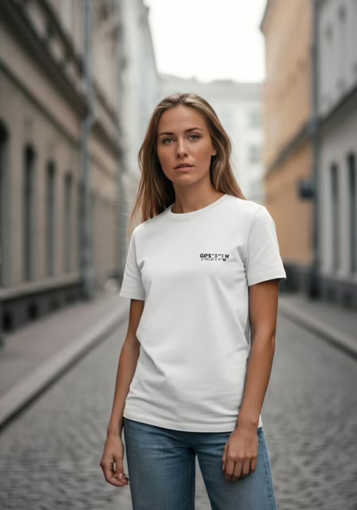10 Minimalist T-Shirt Style Ideas for a Clean & Modern Look 6 Woman wearing a minimalist coordinates t-shirt with clean typography design