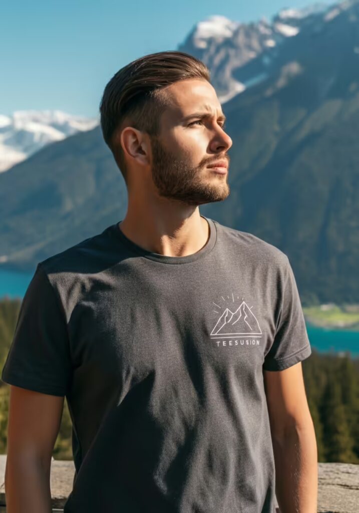 10 Minimalist T-Shirt Style Ideas for a Clean & Modern Look 7 Man wearing a minimalist mountain outline t-shirt outdoors