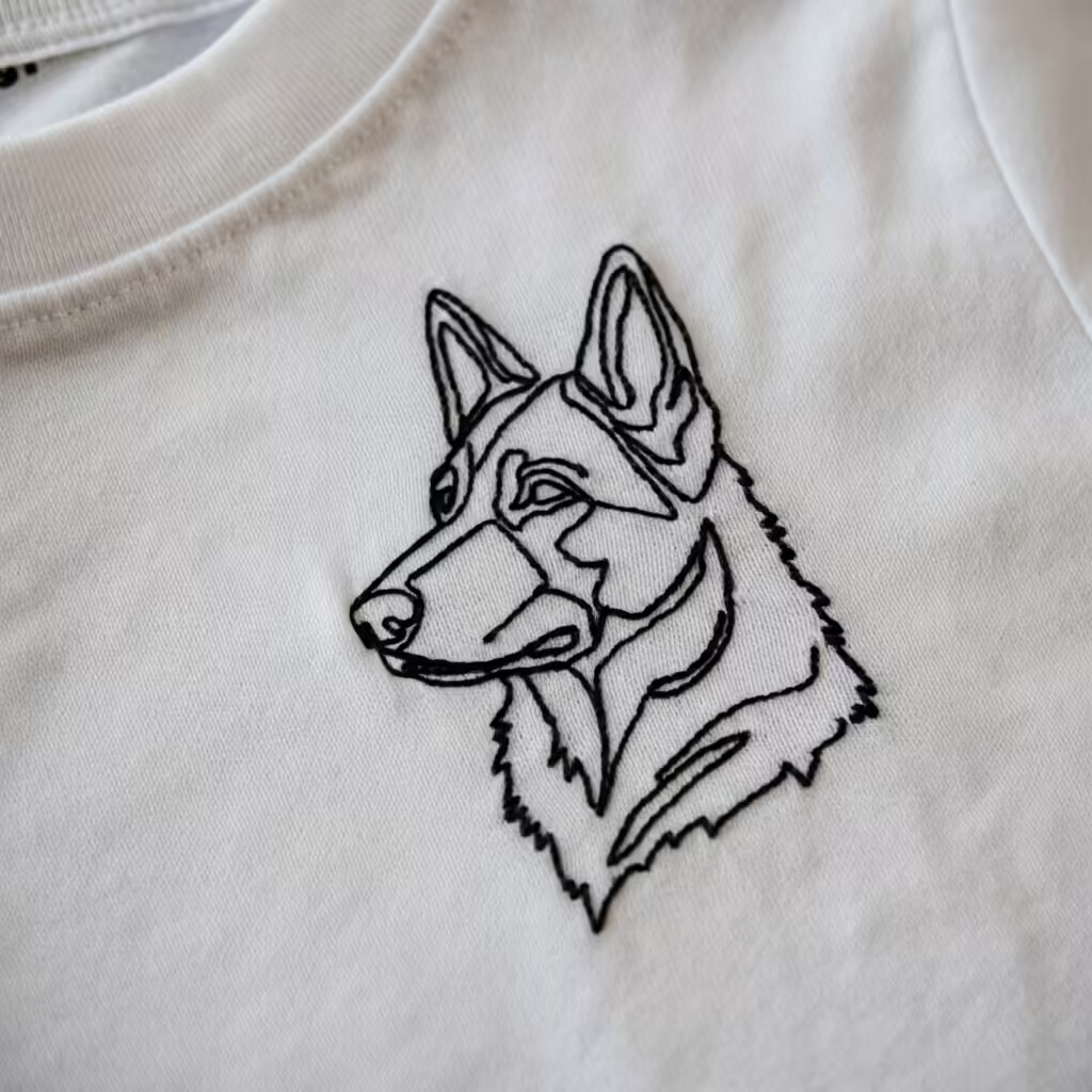 Why Dog Moms Love Personalized Apparel: The Rise of the Dog Mom Uniform 3 Close-up detail of a minimalist line art embroidery of a dog's face on a white t-shirt.