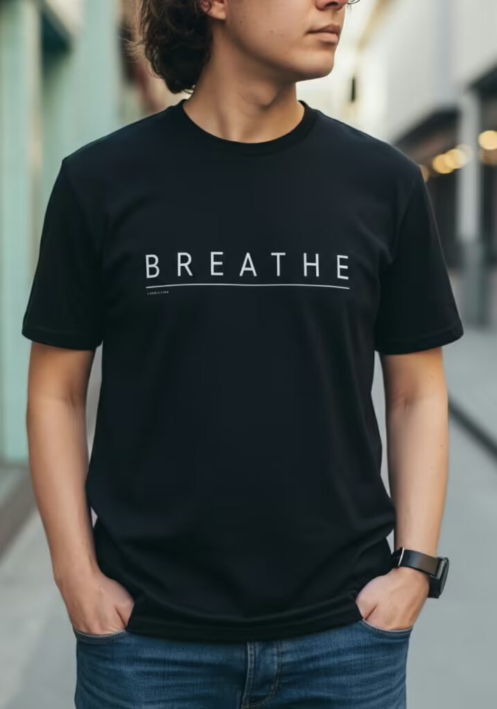 A person wearing a black minimalist t-shirt with the word BREATHE in a clean white font. 