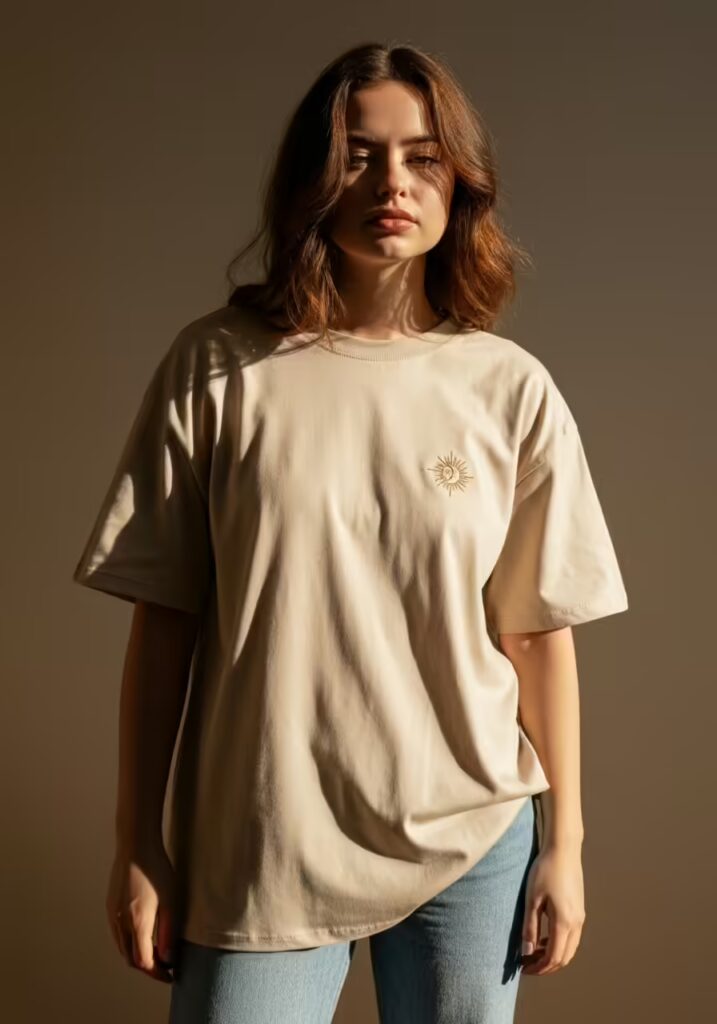 10 Minimalist T-Shirt Style Ideas for a Clean & Modern Look 8 Minimalist t-shirt featuring a small embroidered sun and moon symbol