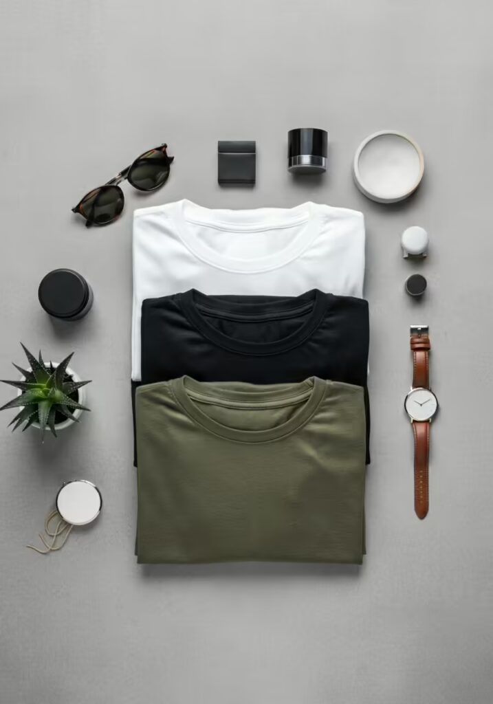 10 Minimalist T-Shirt Style Ideas for a Clean & Modern Look 16 A top-down flat lay of several folded minimalist t-shirts in a neutral color palette.