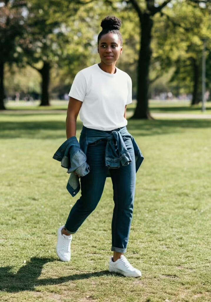 10 Minimalist T-Shirt Style Ideas for a Clean & Modern Look 13 A full outfit showing a minimalist t-shirt paired with dark wash jeans and white sneakers.