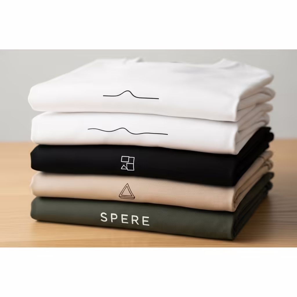 Minimalist T-Shirt Design Ideas: The Art of 'Less is More' Trends 2 A collection of minimalist t-shirts neatly folded, showcasing simple line art and typography designs.