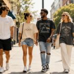 Four stylish friends wearing different modern t-shirt styles on a city street