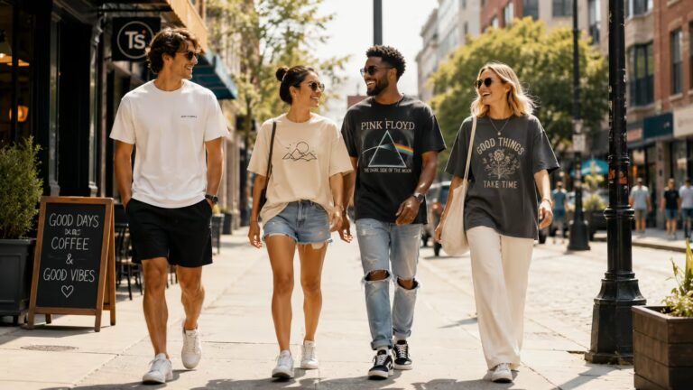 Four stylish friends wearing different modern t-shirt styles on a city street
