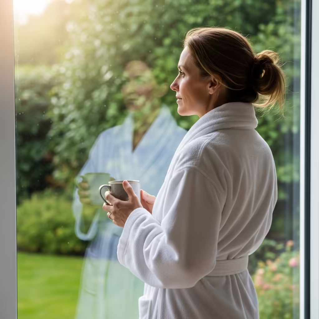 25 Thoughtful Gifts for Mom She’ll Actually Love 10 A relaxed mom in a plush white robe, sipping coffee and looking out a window on a bright morning.