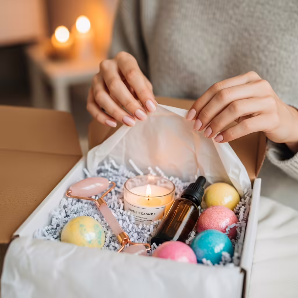25 Thoughtful Gifts for Mom She’ll Actually Love 4 A woman's hands unboxing a self-care subscription box filled with luxury items