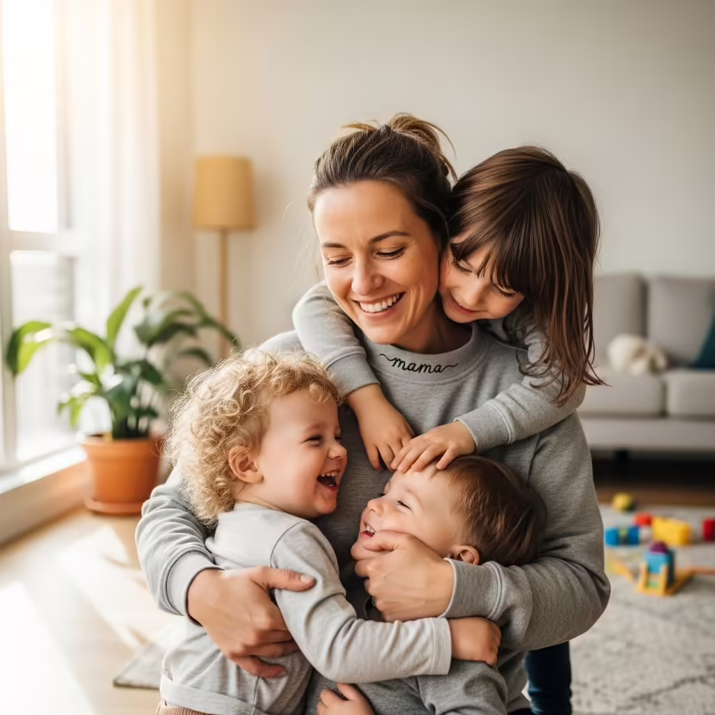 25 Thoughtful Gifts for Mom She’ll Actually Love 2 A smiling mom wearing a custom 'Mama' sweatshirt while hugging her two young children