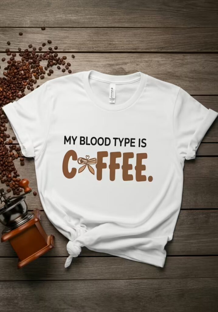 50+ Best Coffee Lover Quotes to Kickstart Your Day 7 A flat lay of a white t-shirt with the funny coffee saying 'My blood type is coffee.'